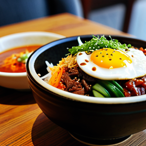 **

"A colorful and vibrant Jeonju Bibimbap bowl featuring Carolino rice, black pork, and gochujang sauce. Served in a rustic Portuguese restaurant setting, appropriate lighting, focus on fresh ingredients, professional food photography, fully clothed patrons in the background, safe for work, appropriate content, family-friendly, perfect anatomy, natural proportions, professional."

**