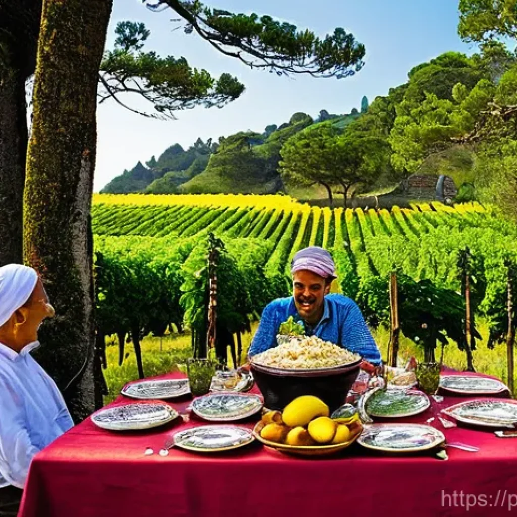 많이 알려지지 않은 지역특산 음식 - **A Vibrant Minho Festival Feast: Rojões à Moda do Minho**

    "A bustling outdoor scene at a tradi...