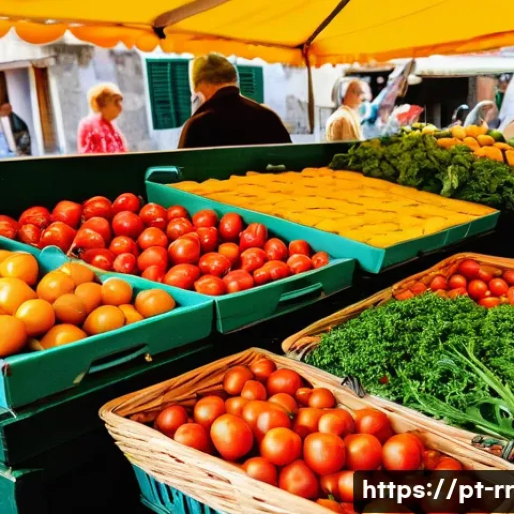 전통시장과 지역특산 음식 체험 - **Prompt:** A bustling and vibrant traditional Portuguese market scene, filled with warm natural lig...