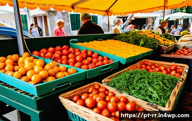 전통시장과 지역특산 음식 체험 - **Prompt:** A bustling and vibrant traditional Portuguese market scene, filled with warm natural lig...