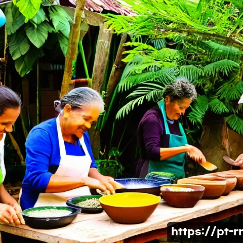 지역특산 음식과 관련된 자원봉사 활동 - A vibrant community cooking workshop set in a sunny Brazilian backyard, featuring diverse volunteers...