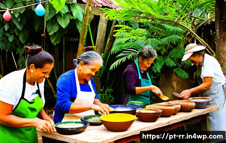 지역특산 음식과 관련된 자원봉사 활동 - A vibrant community cooking workshop set in a sunny Brazilian backyard, featuring diverse volunteers...