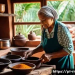 지역특산 음식에 대한 FAQ - A vibrant and detailed image of a traditional Brazilian kitchen scene showcasing an elderly grandmot...