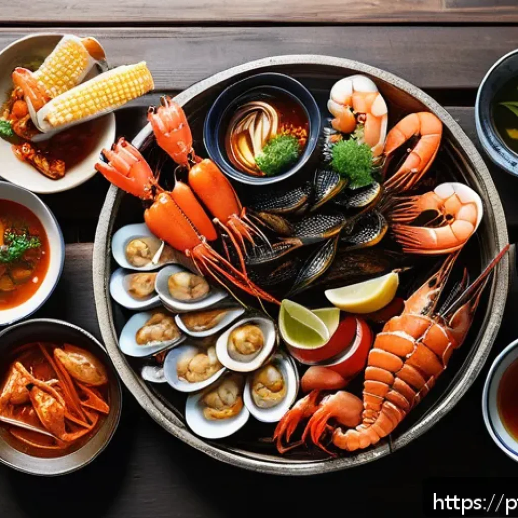 외국인에게 인기 있는 한국의 지역특산 음식 - A vibrant South Korean seafood barbecue scene on a rustic wooden table set outdoors near the coast, ...