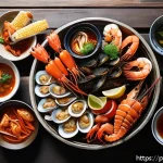 외국인에게 인기 있는 한국의 지역특산 음식 - A vibrant South Korean seafood barbecue scene on a rustic wooden table set outdoors near the coast, ...
