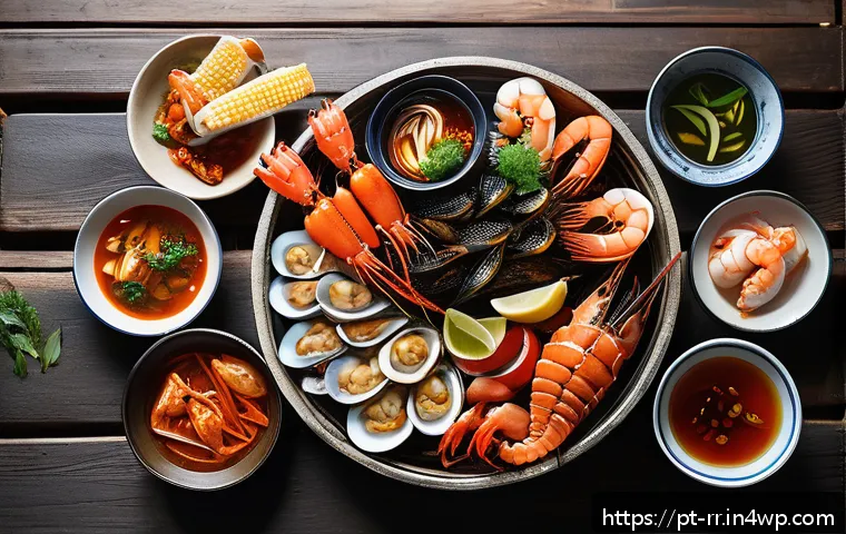 외국인에게 인기 있는 한국의 지역특산 음식 - A vibrant South Korean seafood barbecue scene on a rustic wooden table set outdoors near the coast, ...