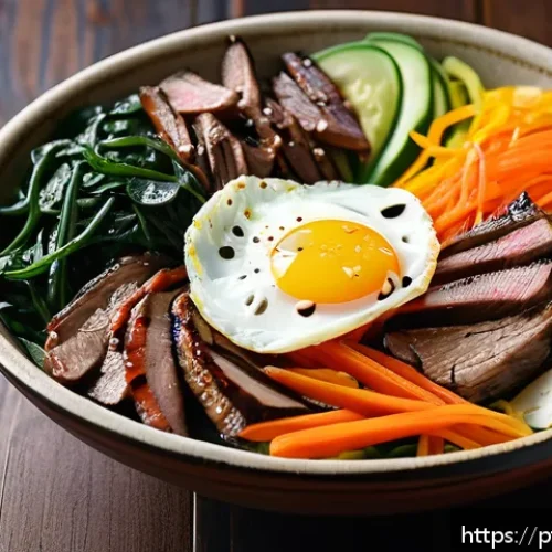 한국 지역특산 음식의 글로벌화 - A vibrant and detailed close-up of a traditional Korean bibimbap bowl, showcasing an artful arrangem...