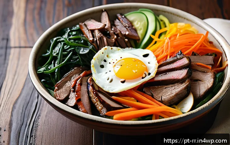 한국 지역특산 음식의 글로벌화 - A vibrant and detailed close-up of a traditional Korean bibimbap bowl, showcasing an artful arrangem...