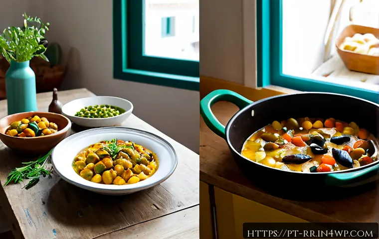 식생활 변화에 따른 지역특산 음식의 변천사 - Photorealistic split-table scene showing the evolution of Portuguese regional food traditions: on on...