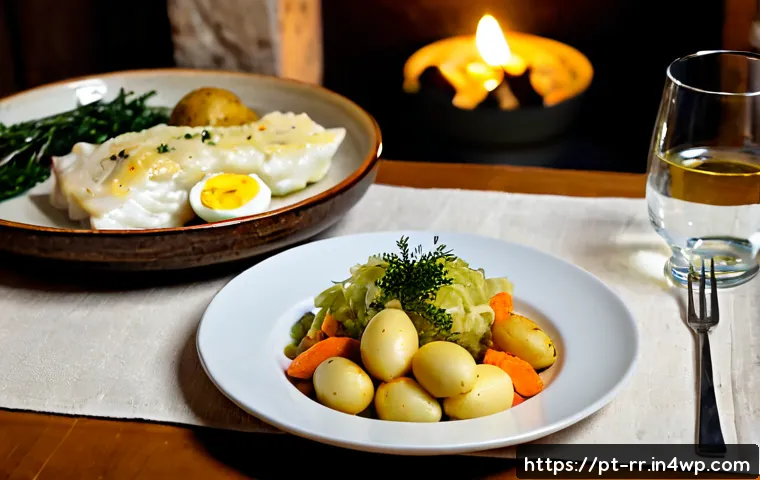 Home 17 명절에 즐기는 지역특산 음식 - Photorealistic Portuguese Christmas Eve dinner table featuring bacalhau com todos, flaky salted cod ...