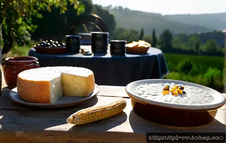 Home 17 지역특산 음식의 차별성과 경쟁력 - Photorealistic artisanal food market scene in northern Portugal, a rustic wooden table displaying a ...